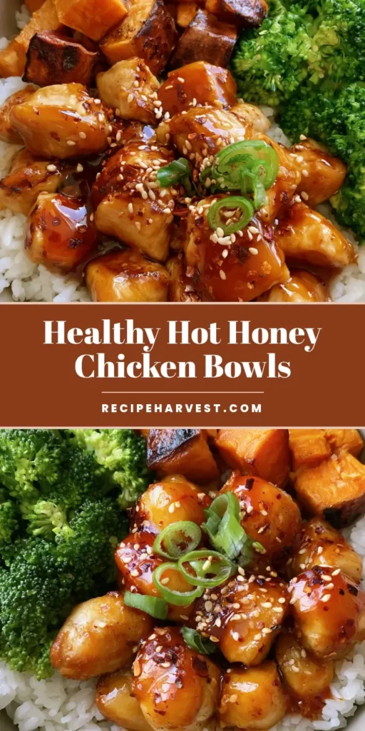 Hot Honey Chicken Bowls with Roasted Sweet Potatoes and Broccoli 4 A top-down shot of Hot Honey Chicken Bowls featuring sticky glazed chicken, charred sweet potatoes, and steamed broccoli over jasmine rice.