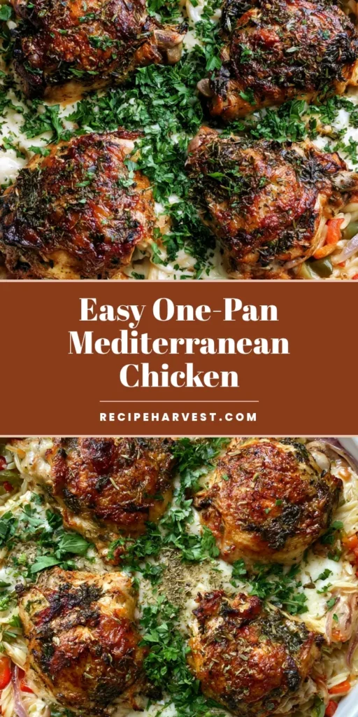 Mediterranean Chicken Casserole with Creamy Orzo and Seared Thighs 4 A shallow round white ceramic baking dish featuring Mediterranean Chicken Casserole with seared chicken thighs, creamy orzo, and melted white cheese on a grey stone countertop.