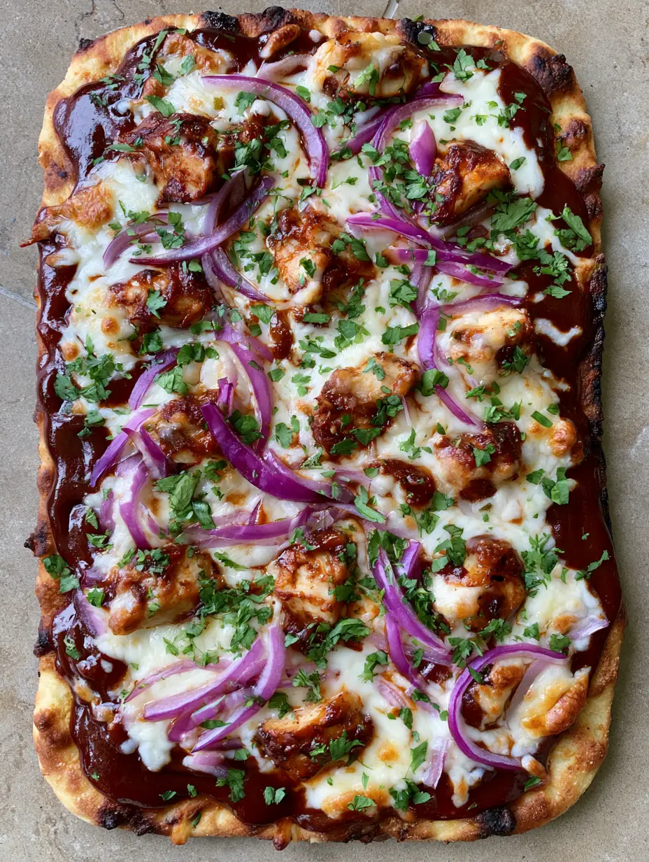 Close up of BBQ Chicken Flatbread featuring thick dark reddish-brown glossy barbecue sauce and toasted golden-brown mozzarella spots.