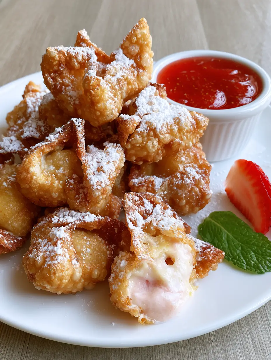 Deep-fried golden wonton wrappers with a shattered-textured skin and a heavy dusting of white powdered sugar. (Strawberry Cheesecake Wonton Bites)