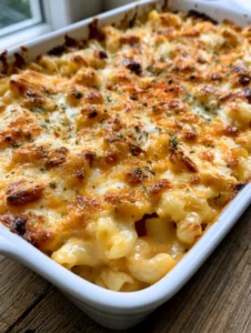 Close up of Baked Macaroni and Cheese showing the thick glossy pale orange sauce and large elbow noodles.