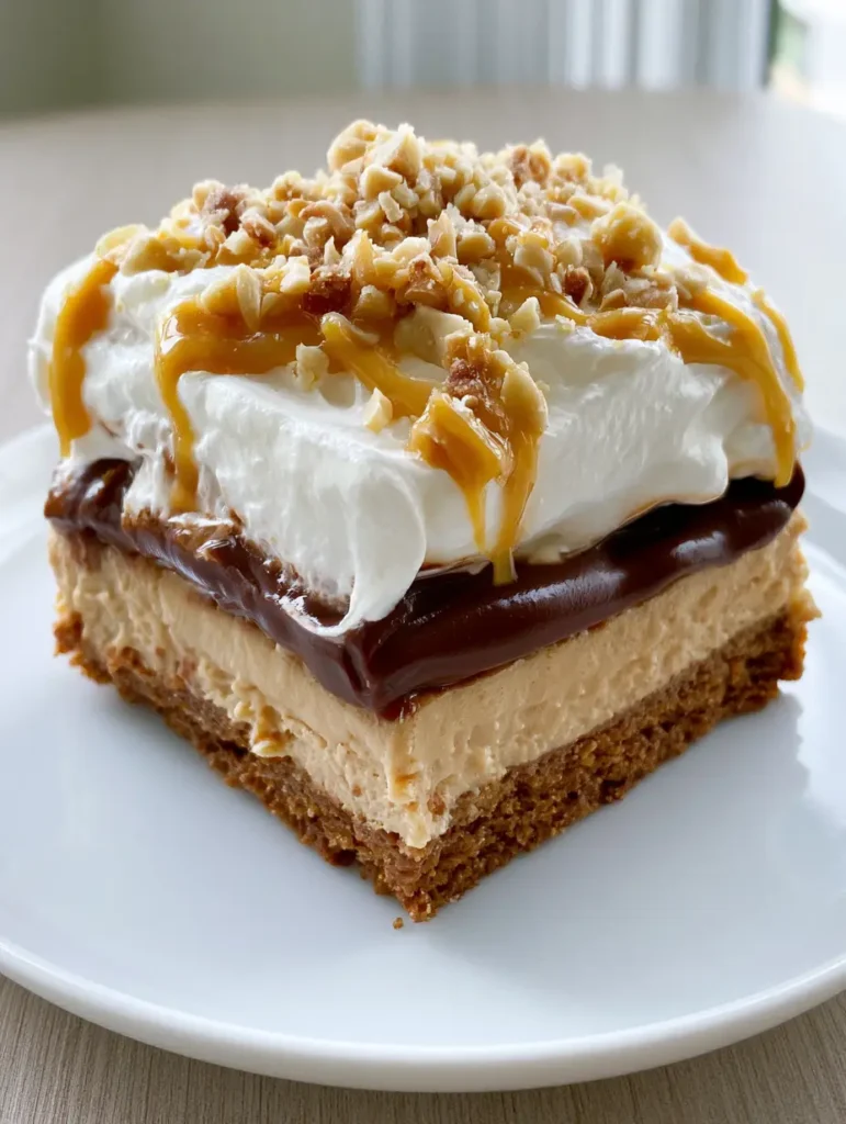 Close-up side view of No-Bake Peanut Butter Lasagna with a messy peanut butter drizzle and crushed peanuts on a white plate.