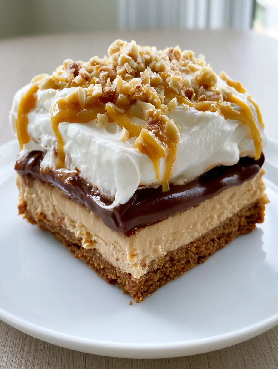 Close-up side view of No-Bake Peanut Butter Lasagna with a messy peanut butter drizzle and crushed peanuts on a white plate.