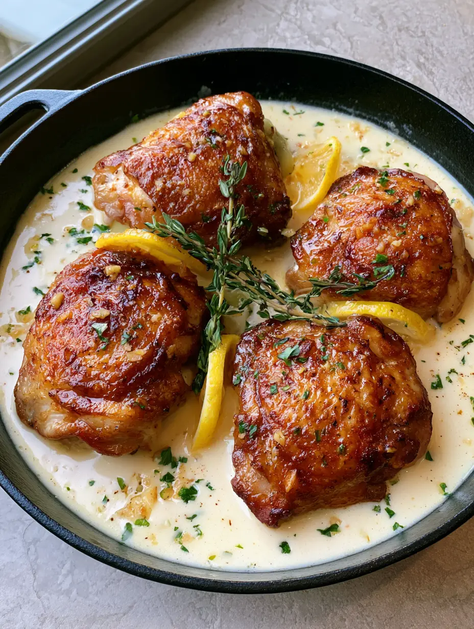 Top-down view of four seared Creamy Garlic Chicken Thighs in a black skillet with lemon slices and herbs.