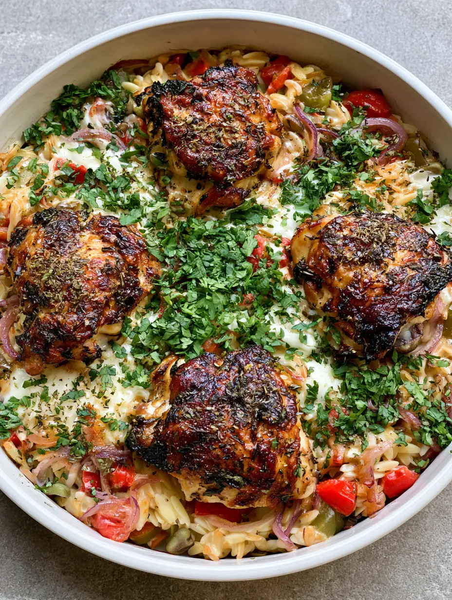 Mediterranean Chicken Casserole with Creamy Orzo and Seared Thighs 3 Close up view of seared skin-on chicken thighs with charred herb edges sitting on a bed of Mediterranean Chicken Casserole.