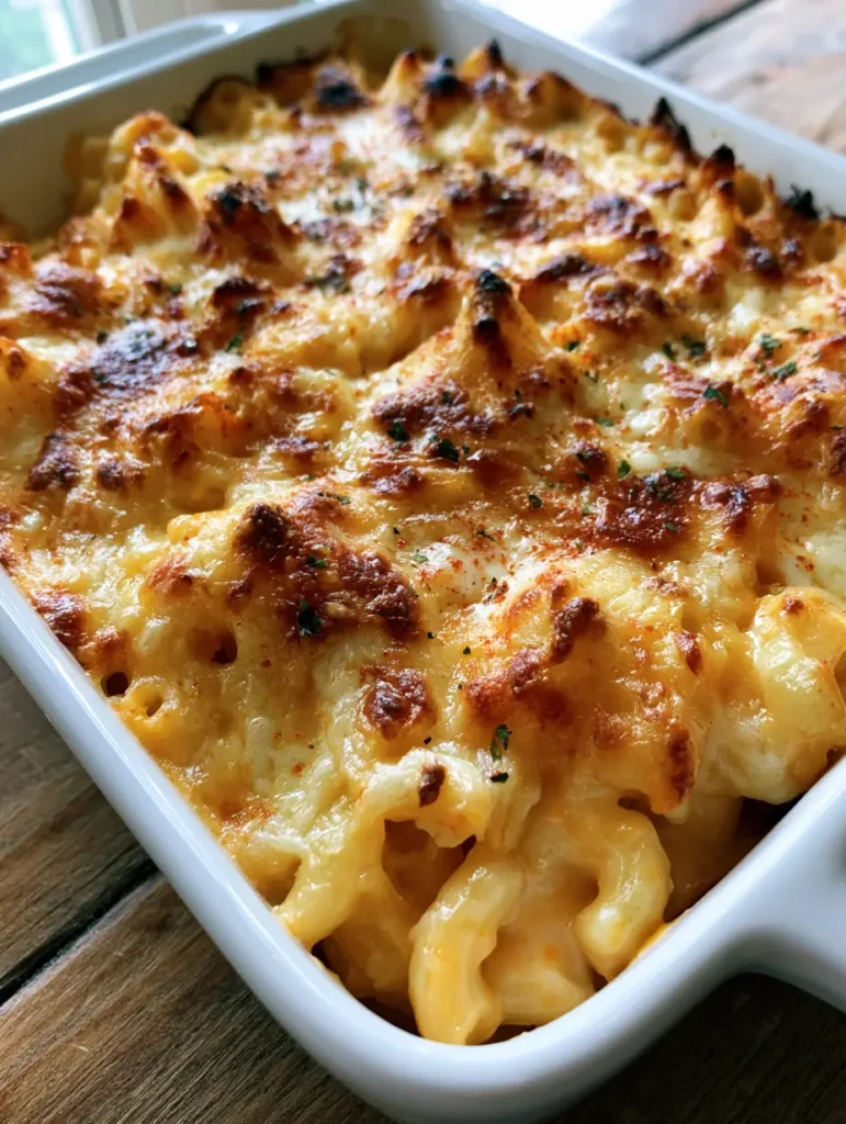 Baked Macaroni and Cheese with a Bubbly Golden Toasted Crust 1 Overhead view of a white ceramic baking dish filled with Baked Macaroni and Cheese featuring charred cheese spots and parsley.