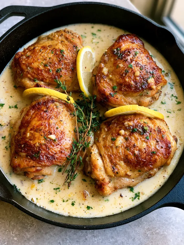 Handheld shot of Creamy Garlic Chicken Thighs showing the velvety sauce texture and minced garlic specks.