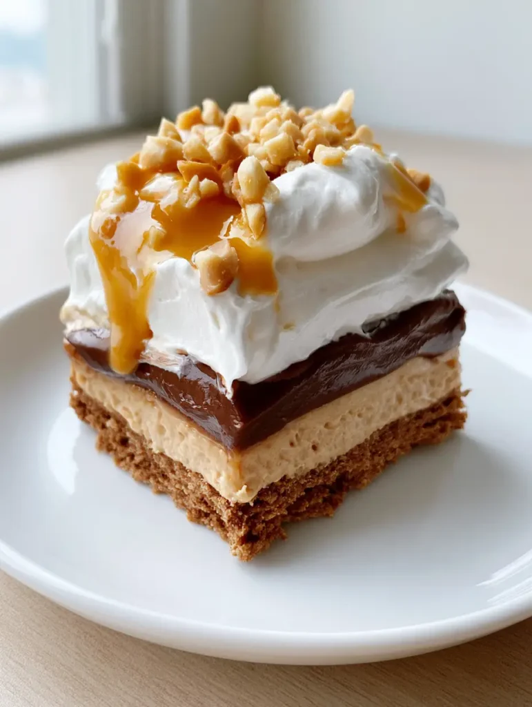 High-angle shot of a square slice of No-Bake Peanut Butter Lasagna on a light wood surface with natural lighting.