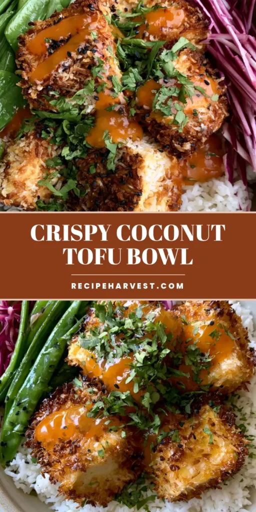 A top-down smartphone photo of a Coconut Crusted Tofu Bowl featuring golden-brown coconut-crusted tofu, jasmine rice, green snap peas, and purple cabbage drizzled with orange sweet chili sauce.