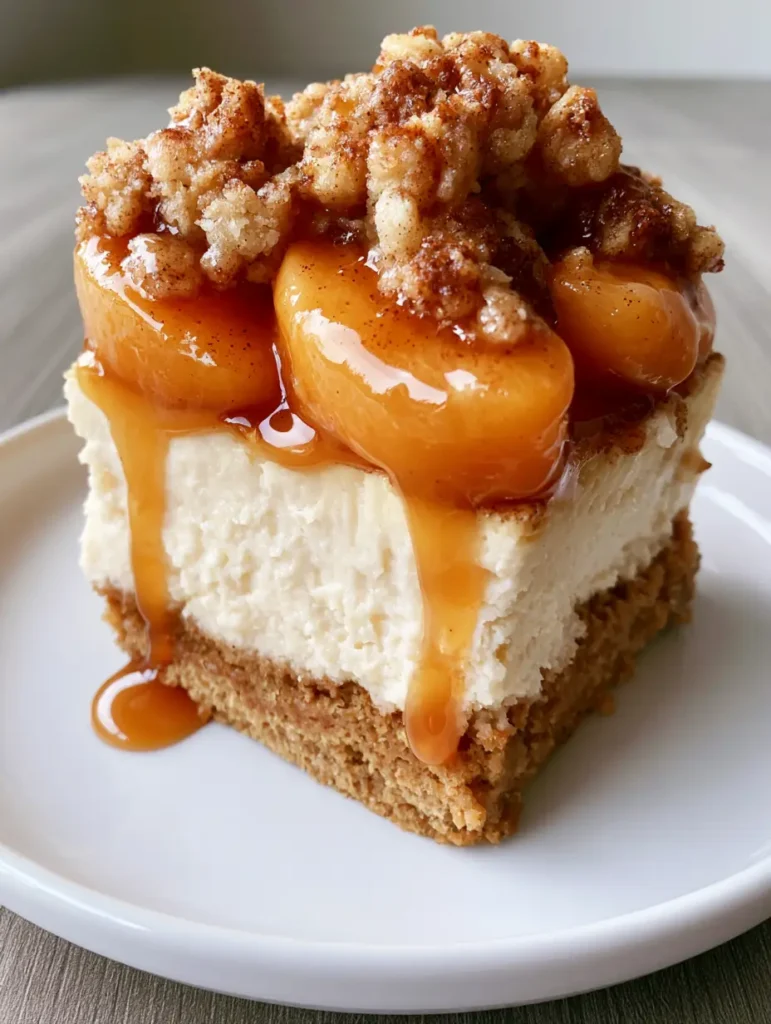 Close up of the chunky golden-brown toasted flour and butter cobbler crumble on top of a Southern Peach Cobbler Cheesecake.