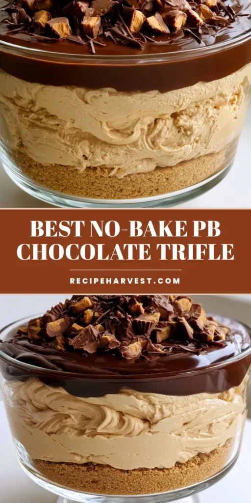 A side-profile shot of a layered No-Bake Peanut Butter Dessert in a clear glass trifle bowl with graham cracker crust and chocolate ganache.