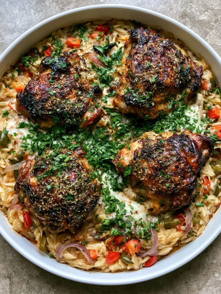 Mediterranean Chicken Casserole with Creamy Orzo and Seared Thighs 1 Creamy cooked orzo pasta mixed with red and green bell peppers and topped with melted white cheese in a Mediterranean Chicken Casserole.