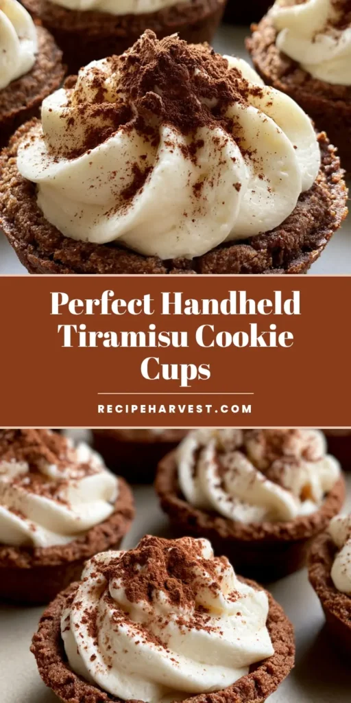 A close-up vertical shot of Tiramisu Cookie Cups with a chocolate base, whipped mascarpone, and a dusting of cocoa powder.
