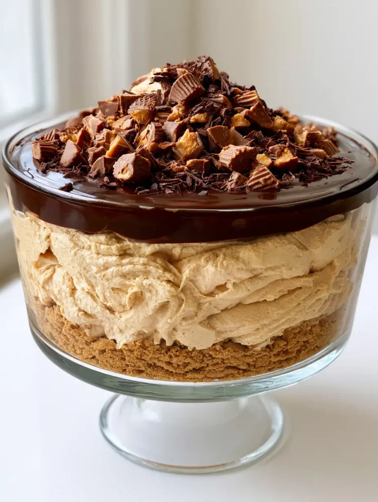 Close up of the pale-tan aerated mousse and glossy dark chocolate ganache layers in a No-Bake Peanut Butter Dessert.