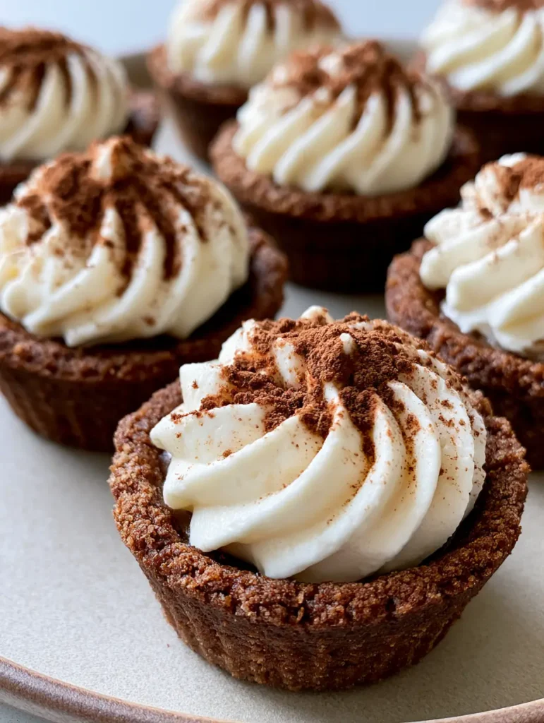 Close-up of Tiramisu Cookie Cups arranged on a neutral ceramic plate showing the crumbly chocolate rim.
