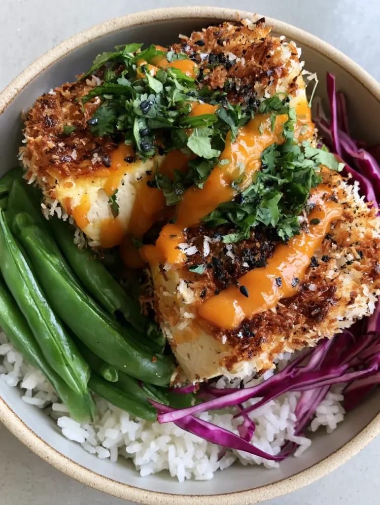 Close-up of golden-brown shredded coconut-crusted tofu cubes drizzled with glossy orange sweet chili sauce. (Coconut Crusted Tofu Bowl)