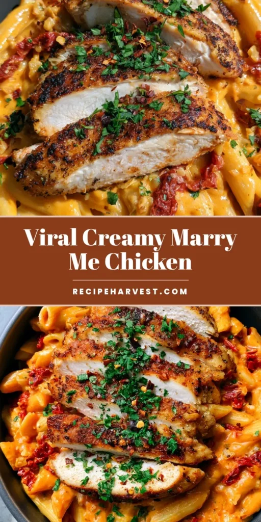 A close-up of Marry Me Chicken Pasta featuring pan-seared chicken slices over penne in a vibrant orange-cream sun-dried tomato sauce with parsley garnish.