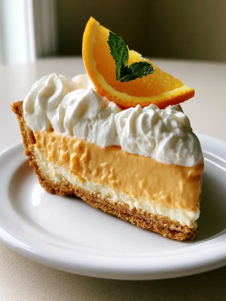 A detailed shot of the Orange Creamsicle Pie garnishes, featuring a fresh orange slice and a green mint leaf.