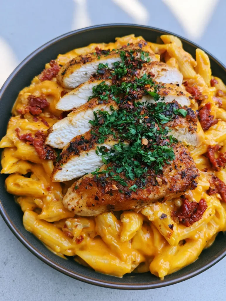 Top-down view of Marry Me Chicken Pasta in a dark bowl with thick chicken slices and glossy orange sauce.