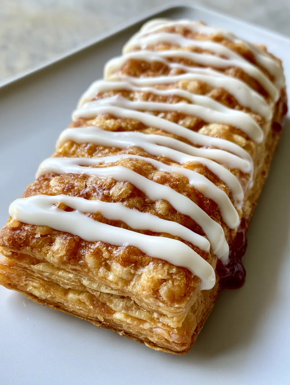 Homemade Toaster Strudel: Better Than the Box (Easy & Flaky) 3 A handheld smartphone photo showing a rectangular Homemade Toaster Strudel with visible flaky layers and drizzled icing.