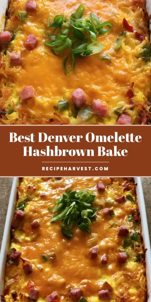 Denver Omelette Hashbrown Casserole: The Ultimate Cheesy Breakfast Bake 4 A close-up shot of Denver Omelette Hashbrown Casserole in a white dish with melted bubbly cheddar cheese, ham, and green onions.