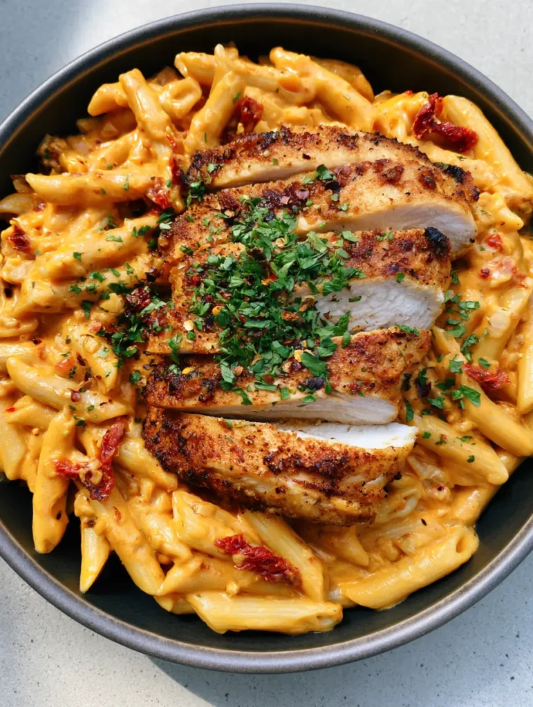 Slightly angled shot of penne pasta coated in a creamy sun-dried tomato sauce with red chili flakes.