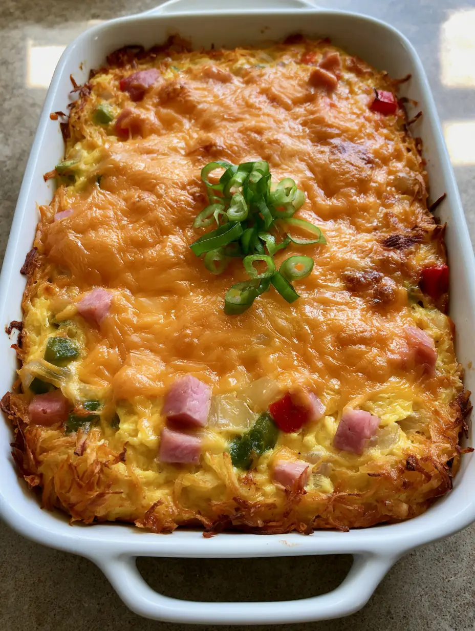 Denver Omelette Hashbrown Casserole: The Ultimate Cheesy Breakfast Bake 3 Top view of a Denver Omelette Hashbrown Casserole showing the vibrant red and green bell peppers and bubbly orange cheese.