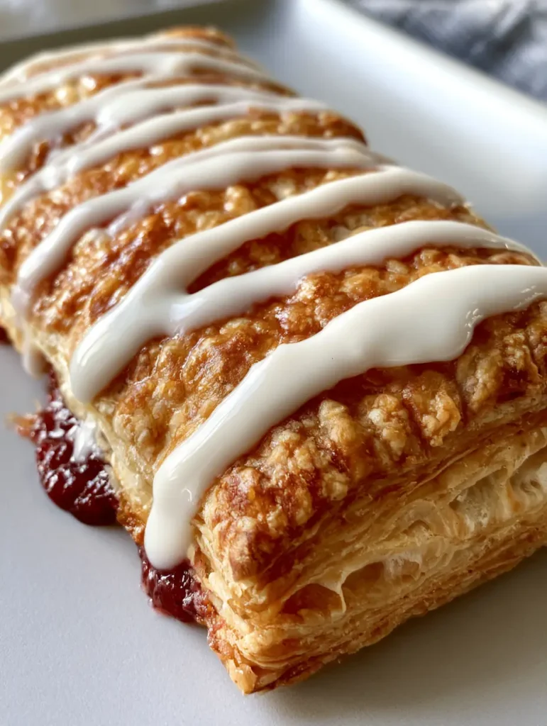 Homemade Toaster Strudel: Better Than the Box (Easy & Flaky) 1 Golden brown Homemade Toaster Strudel resting on a neutral surface with red strawberry jam oozing from the side.