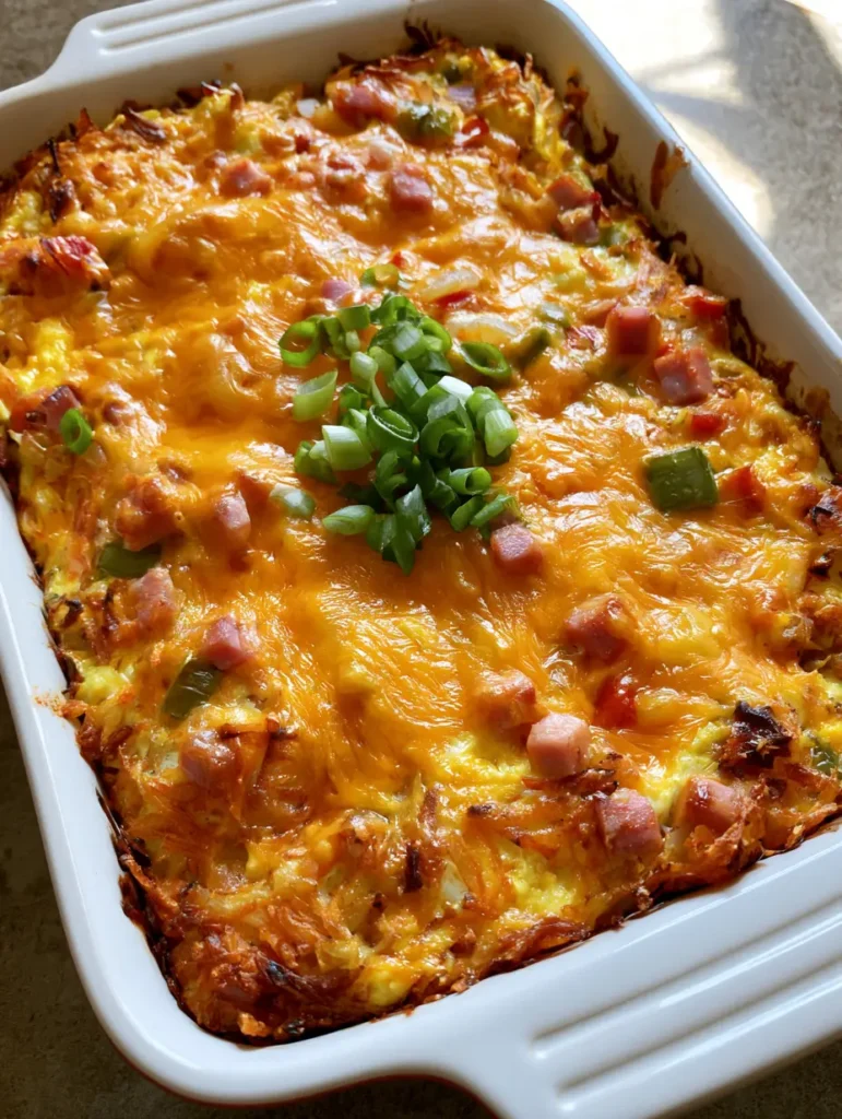 Denver Omelette Hashbrown Casserole: The Ultimate Cheesy Breakfast Bake 1 A slice of Denver Omelette Hashbrown Casserole on a plate, highlighting the shredded golden-brown hashbrowns and fluffy eggs.