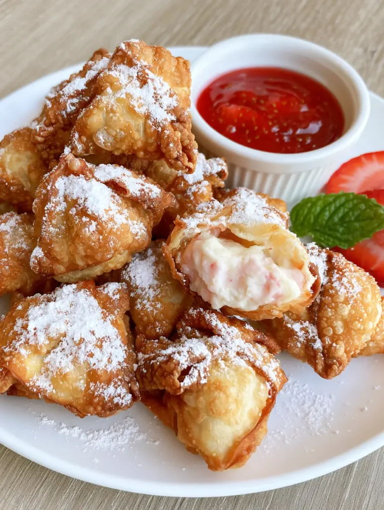 A broken Strawberry Cheesecake Wonton Bite revealing a thick, creamy, pale pink cheesecake filling inside a crispy shell.