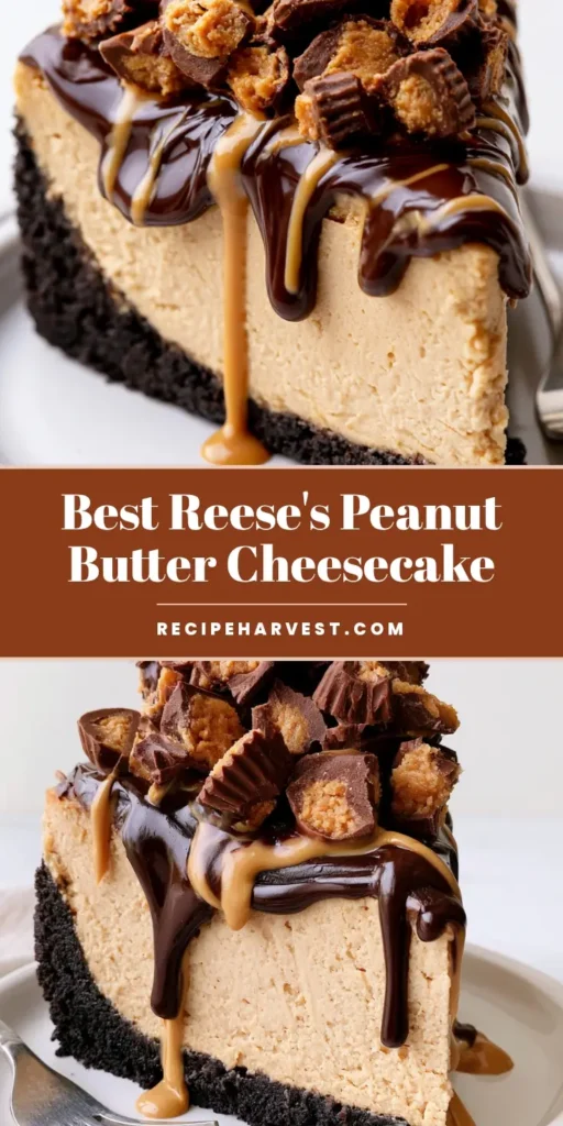 A towering vertical slice of Reese's Peanut Butter Cheesecake with a thick dark chocolate crust, glossy ganache, and a mountain of chopped peanut butter cups.