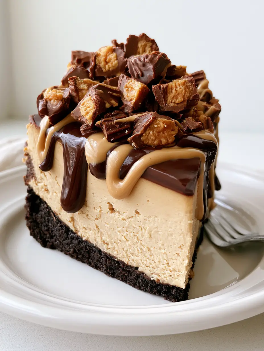 Close up view of a Reese's Peanut Butter Cheesecake slice showing the creamy tan filling and thick cookie crust foundation.