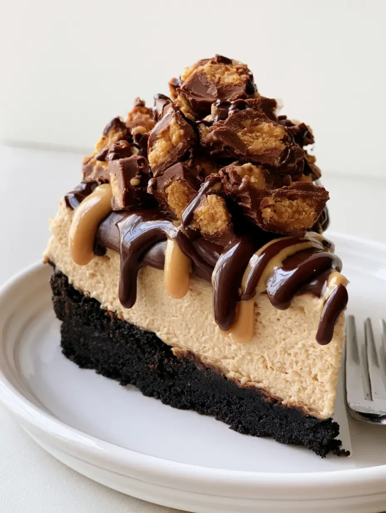 Professional shot of the Reese's Peanut Butter Cheesecake with glossy dark chocolate ganache and dual peanut butter chocolate drizzle.