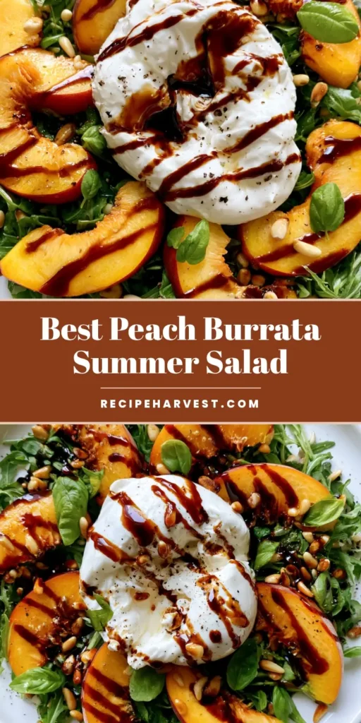 Peach Burrata Salad with Balsamic Glaze and Toasted Pine Nuts 3 A vertical overhead shot of a Peach Burrata Salad on a white plate with arugula, raw peach slices, torn creamy burrata, and balsamic drizzle.