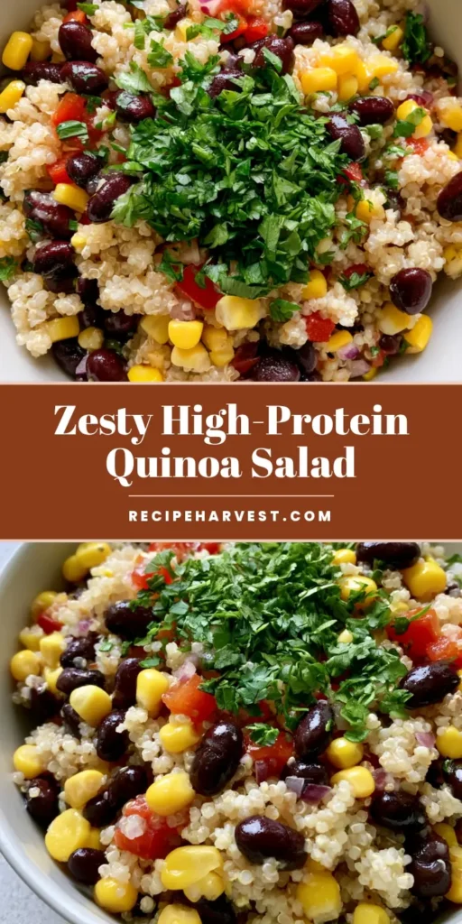 A top-down view of a vibrant Sweet Corn and Black Bean Quinoa Salad in a matte white bowl, showing fluffy grains and glistening lime dressing.
