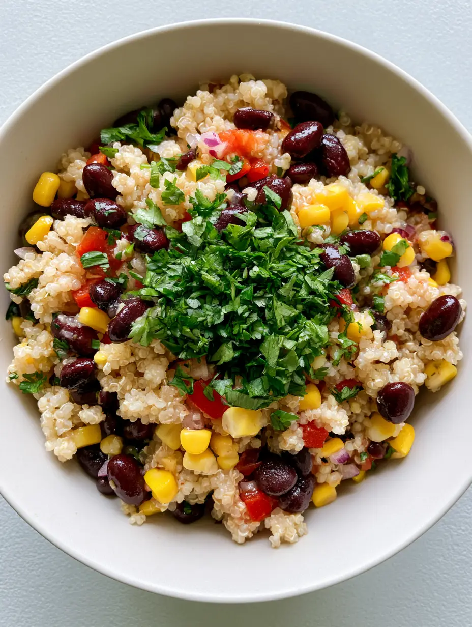Handheld smartphone photo of Sweet Corn and Black Bean Quinoa Salad in a white ceramic bowl under natural daylight.