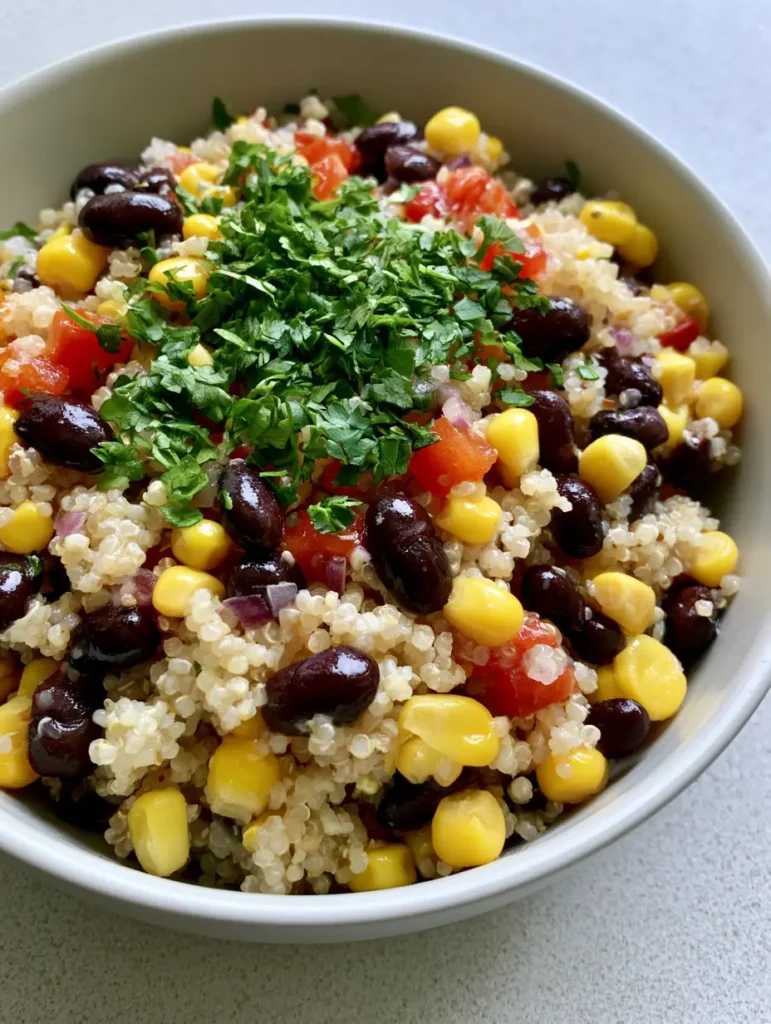 Close up shot of glossy black beans and bright yellow corn in a Sweet Corn and Black Bean Quinoa Salad.