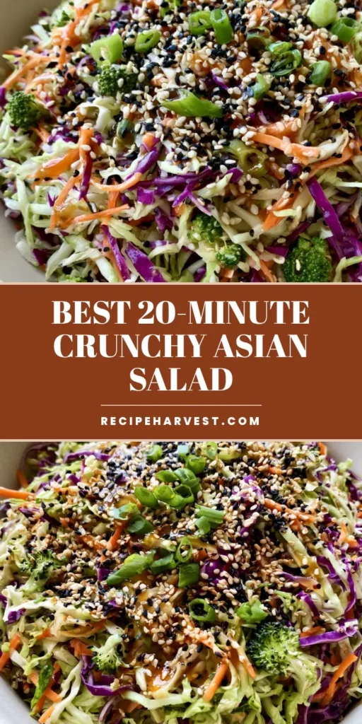 A close-up vertical shot of a vibrant Asian Cabbage Salad in a white bowl, featuring shredded purple cabbage, green cabbage, and orange carrots topped with sesame seeds.
