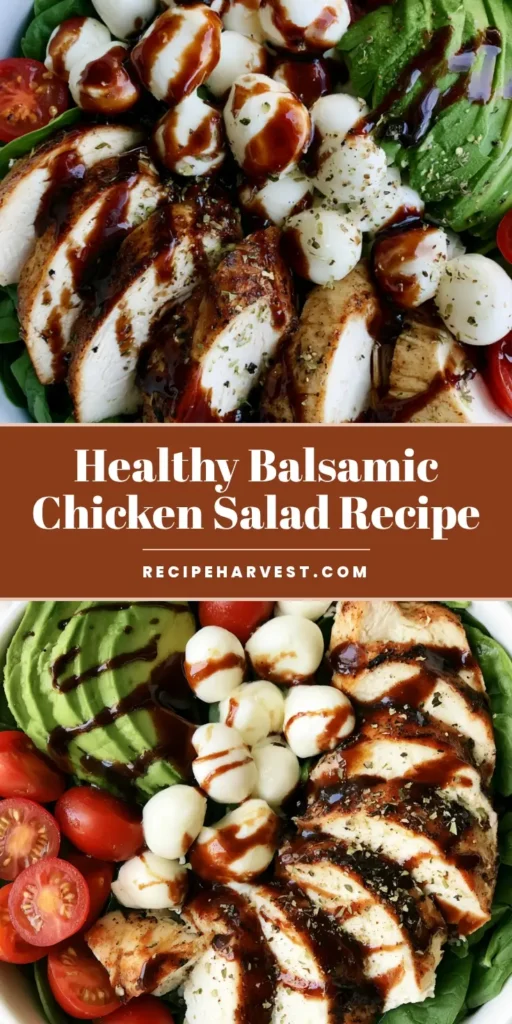 A healthy Baked Chicken Salad featuring sliced chicken breast, avocado, mozzarella pearls, and spinach with balsamic drizzle.