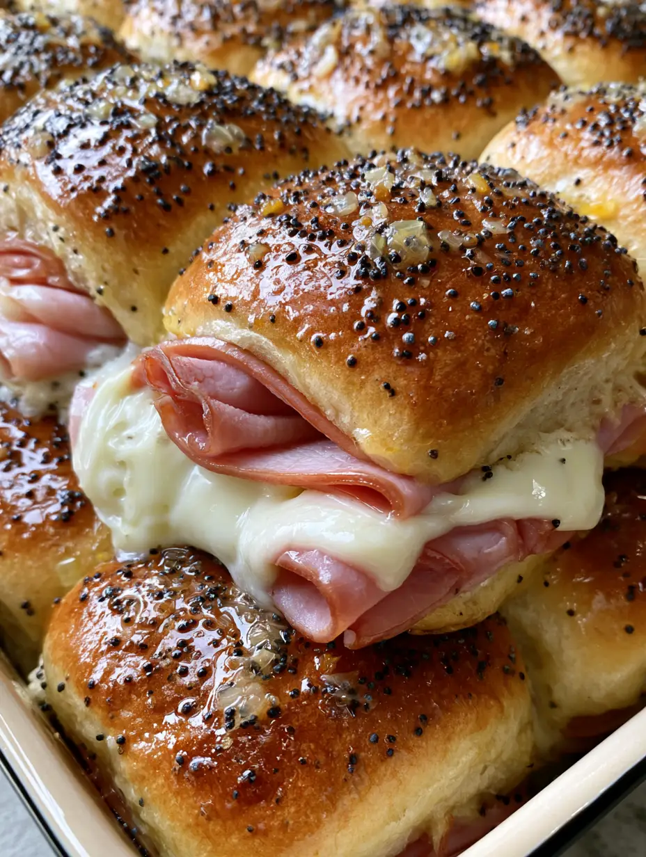 High-angle shot of baked Hawaiian Ham and Cheese Sliders in a rectangular dish with glossy butter glaze.