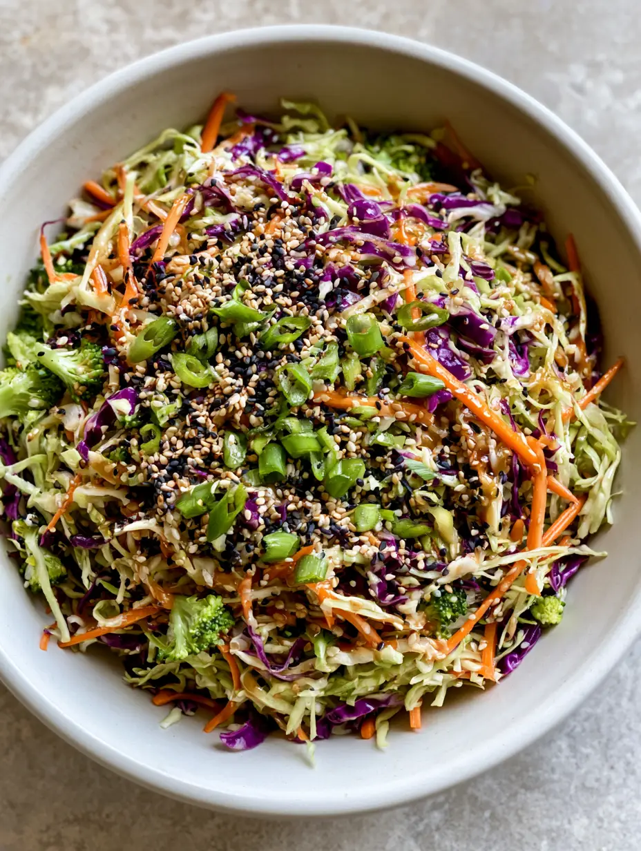 High-angle shot of Asian Cabbage Salad in a matte white ceramic bowl showing finely shredded green and purple cabbage with glossy dressing.