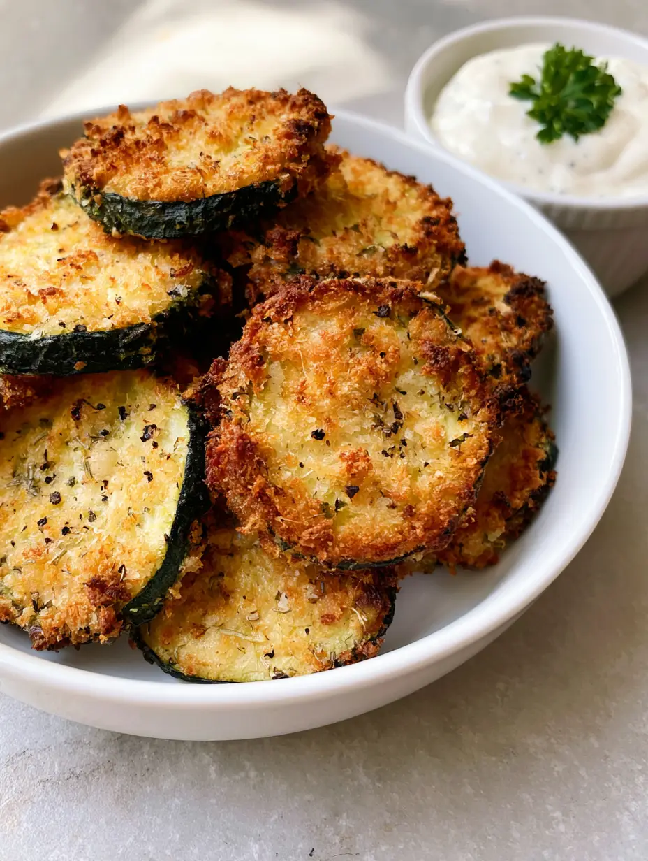 Air Fryer Zucchini Bites: The Crispiest Golden Panko Rounds 3 Close up of Air Fryer Zucchini Bites showing textured panko breadcrumbs and herb flecks.
