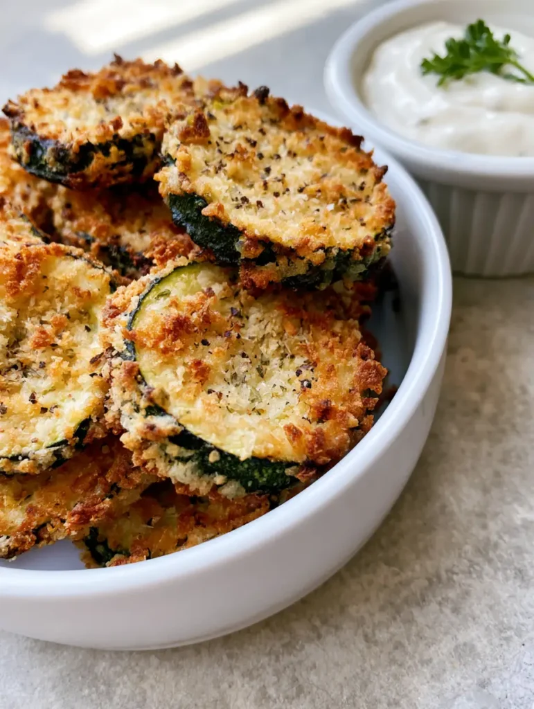 Air Fryer Zucchini Bites: The Crispiest Golden Panko Rounds 1 A handheld photo of a golden air fried zucchini slice being dipped into garlic sauce.