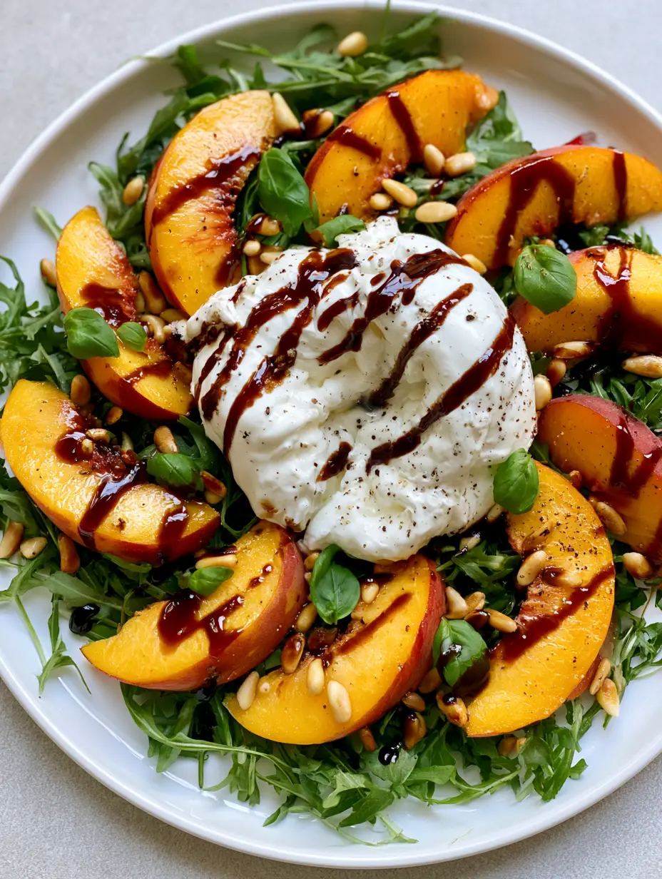 Peach Burrata Salad with Balsamic Glaze and Toasted Pine Nuts 4 Close-up of Peach Burrata Salad showing the creamy stracciatella interior of the cheese and vibrant orange peach slices.