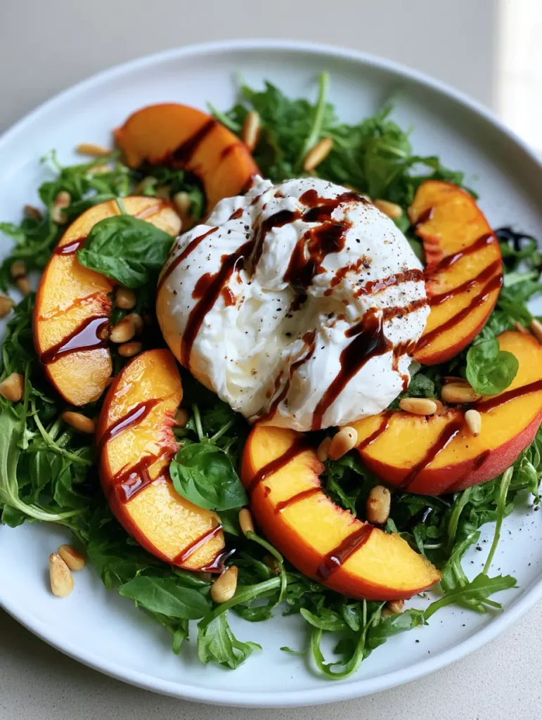 Peach Burrata Salad with Balsamic Glaze and Toasted Pine Nuts 1 Handheld smartphone style photo of a finished Peach Burrata Salad on a neutral grey background.