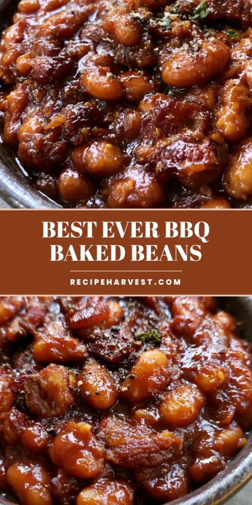 A close-up of glossy Easy Baked Beans with Bacon in a rustic bowl, featuring thick molasses sauce and crispy bacon pieces.