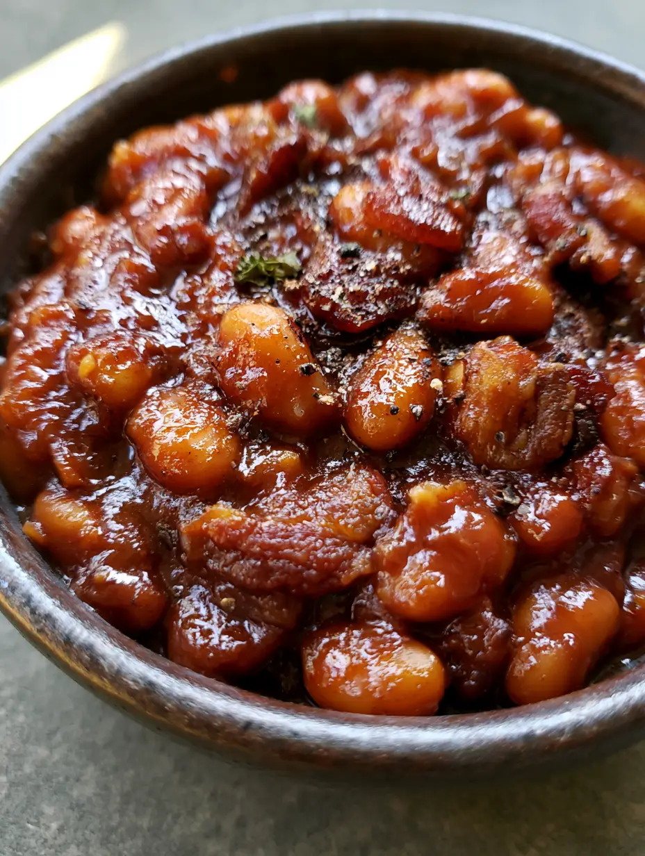 Close-up of Easy Baked Beans with Bacon showing the shimmering reddish-brown glaze and cracked black pepper.