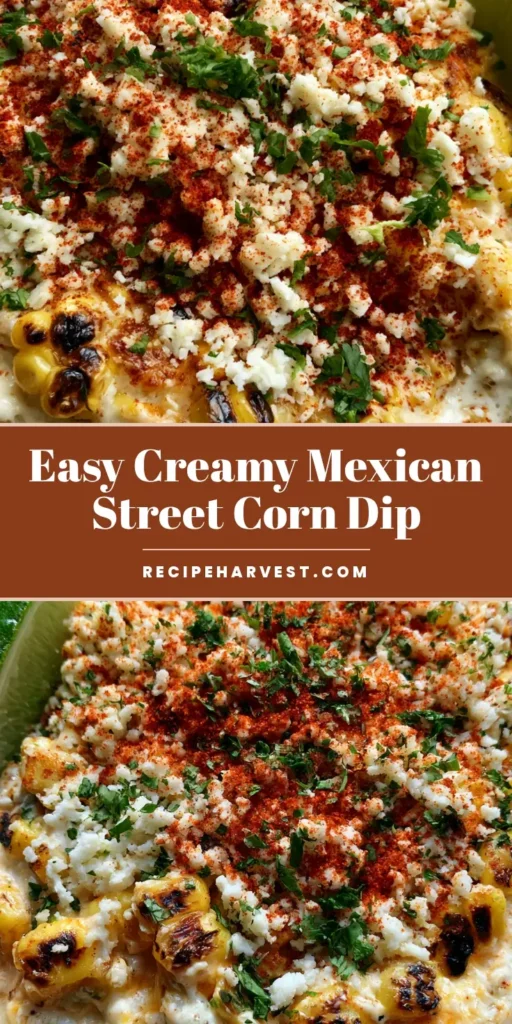 Mexican Street Corn Dip: The Ultimate Creamy & Charred Elote Appetizer 3 A rustic bowl of Mexican Street Corn Dip topped with crumbled cotija cheese, chili powder, and fresh cilantro, with a lime wedge on the side.