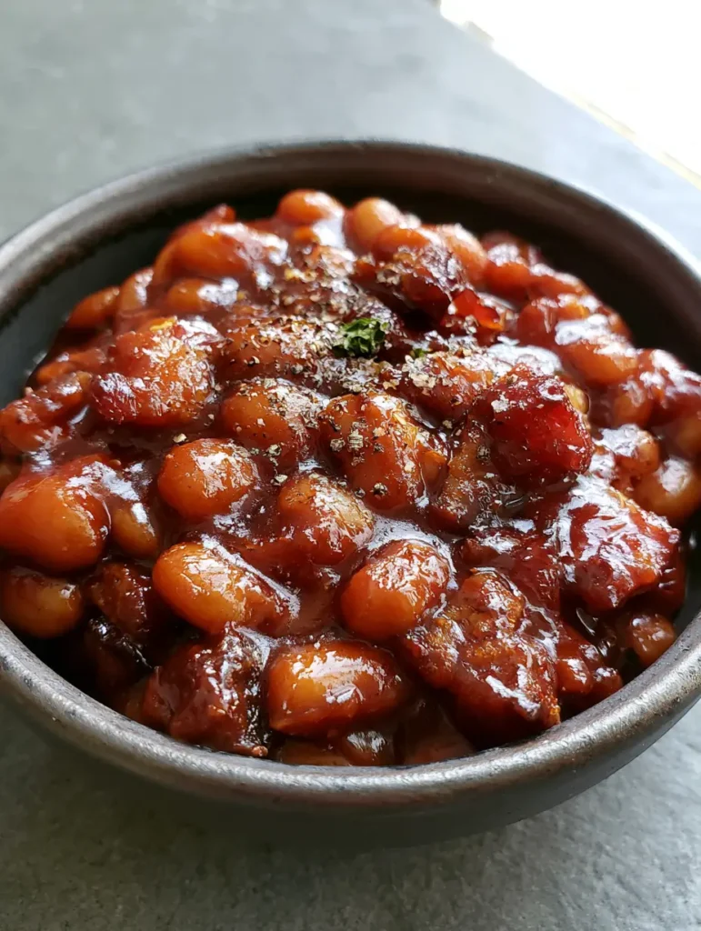 Rustic dark ceramic bowl filled with simmering Easy Baked Beans with Bacon and dried parsley flecks.
