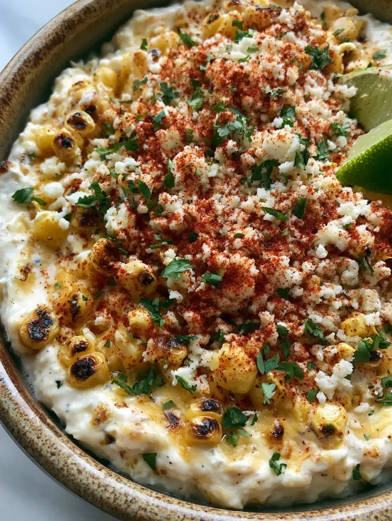 Mexican Street Corn Dip: The Ultimate Creamy & Charred Elote Appetizer 2 Top-down view of Mexican Street Corn Dip showing charred yellow corn kernels and a creamy cheese base.